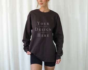 Gildan 2400 Mockup Dark Chocolate | Model Mockup Gildan 2400 | Long Sleeve Mockup | Aesthetic Mockup | Trendy Mockup | Dark Chocolate Mock