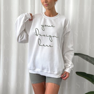 Gildan 18000 Mockup White | White Sweatshirt Mockup | Model Mockup Gildan 18000 | Oversized Sweatshirt Mockup | Gildan Mockup