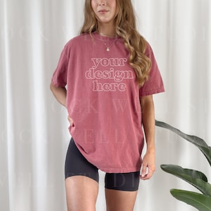 Comfort Colors Mockup Crimson| Crimson Comfort Colors C1717 Mockup, Tshirt mockup, Red Shirt Mock, Model mockup, Oversized Shirt Mockup