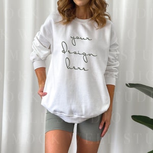 Gildan 18000 Mockup White | White Sweatshirt Mockup | Model Mockup Gildan 18000 | Oversized Sweatshirt Mockup | Gildan Mockup