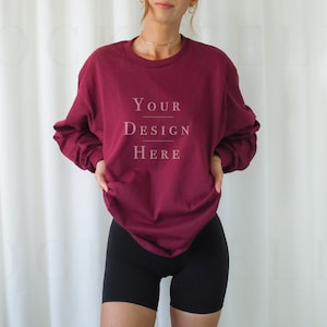 Gildan 2400 Mockup Maroon | Model Mockup Gildan 2400 | Long Sleeve Mockup | Aesthetic Mockup | Trendy Mockup | Oversized Shirt Mockup