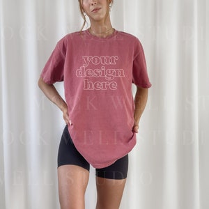 Comfort Colors Mockup Crimson| Crimson Comfort Colors C1717 Mockup, Tshirt mockup, Red Shirt Mock, Model mockup, Oversized Shirt Mockup