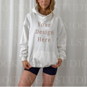 Gildan 18500 Mockup White | White Hoodie Mockup, Gildan Mockups, 18500 White Mock, Model Mockup, White 18500 Mockup, White Sweater Mockup