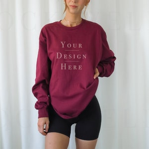 Gildan 2400 Mockup Maroon | Model Mockup Gildan 2400 | Long Sleeve Mockup | Aesthetic Mockup | Trendy Mockup | Oversized Shirt Mockup