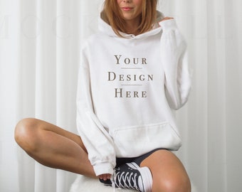 Gildan 18500 Mockup White | White Hoodie Mockup | Model Mockup Gildan 18500 | Aesthetic Mockup | Trendy Mockup | Oversized Hoodie Mockup