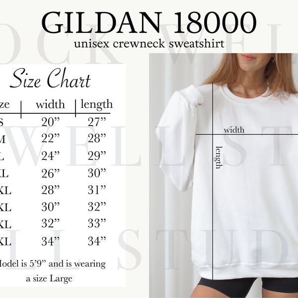 Gildan 18000 Size Chart | Size Chart for Gildan, Size Chart Mockup, Oversized sweatshirt size chart, Gildan Size Guide, crewneck size chart