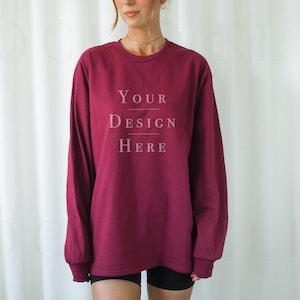 Gildan 2400 Mockup Maroon | Model Mockup Gildan 2400 | Long Sleeve Mockup | Aesthetic Mockup | Trendy Mockup | Oversized Shirt Mockup