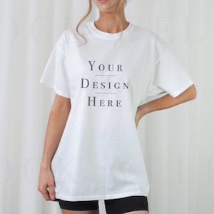 Gildan 5000 Mockup White | Model Mockup Gildan 5000 | White Shirt Mockup | Minimalist Aesthetic Mockup | Trendy Mockup | Oversized Shirt