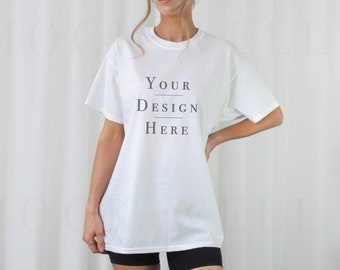 Gildan 5000 Mockup White | Model Mockup Gildan 5000 | White Shirt Mockup | Minimalist Aesthetic Mockup | Trendy Mockup | Oversized Shirt