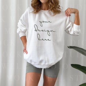 Gildan 18000 Mockup White | White Sweatshirt Mockup | Model Mockup Gildan 18000 | Oversized Sweatshirt Mockup | Gildan Mockup