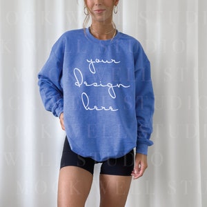 Gildan 18000 Mockup Heather Sport Royal | Blue sweatshirt Mockup, Model Mockup, blue sweater mockup, mockup, gildan 18000, oversized mockup