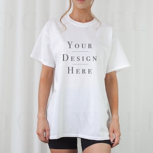 Gildan 5000 Mockup White | Model Mockup Gildan 5000 | White Shirt Mockup | Minimalist Aesthetic Mockup | Trendy Mockup | Oversized Shirt