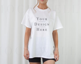 Gildan 5000 Mockup White | Model Mockup Gildan 5000 | White Shirt Mockup | Minimalist Aesthetic Mockup | Trendy Mockup | Oversized Shirt