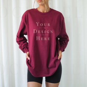Gildan 2400 Mockup Maroon | Model Mockup Gildan 2400 | Long Sleeve Mockup | Aesthetic Mockup | Trendy Mockup | Oversized Shirt Mockup