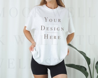 Gildan 5000 Mockup White | Model Mockup Gildan 5000 | White Shirt Mockup | Minimalist Aesthetic Mockup | Trendy Mockup | Oversized Shirt