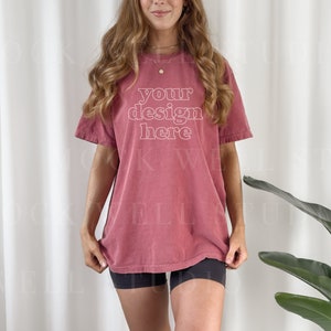 Comfort Colors Mockup Crimson | Crimson Comfort Colors C1717 Mockup, Tshirt mockup, Red Shirt Mock, Model mockup, Oversized Shirt Mockup