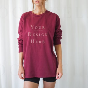 Gildan 2400 Mockup Maroon | Model Mockup Gildan 2400 | Long Sleeve Mockup | Aesthetic Mockup | Trendy Mockup | Oversized Shirt Mockup