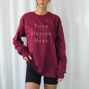 Gildan 2400 Mockup Maroon | Model Mockup Gildan 2400 | Long Sleeve Mockup | Aesthetic Mockup | Trendy Mockup | Oversized Shirt Mockup