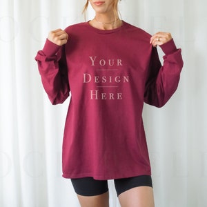 Gildan 2400 Mockup Maroon | Model Mockup Gildan 2400 | Long Sleeve Mockup | Aesthetic Mockup | Trendy Mockup | Oversized Shirt Mockup