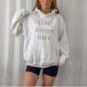 Gildan 18500 Mockup White | White Hoodie Mockup, Gildan Mockups, 18500 White Mock, Model Mockup, White 18500 Mockup, White Sweater Mockup