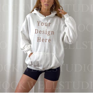 Gildan 18500 Mockup White | White Hoodie Mockup, Gildan Mockups, 18500 White Mock, Model Mockup, White 18500 Mockup, White Sweater Mockup