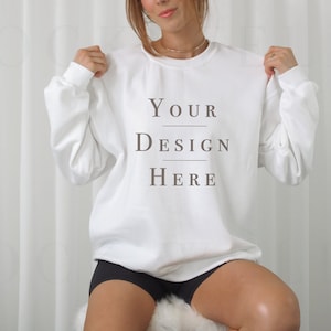 Gildan 18000 Mockup White | White Sweatshirt Mockup | Model Mockup Gildan 18000 | Aesthetic Mockup | Trendy Mockup | Oversized Sweatshirt