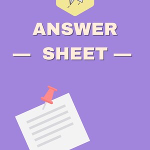 May include: A purple background with a yellow hexagon containing a white paper airplane with a pink stripe. The text "ANSWER SHEET" is in white with a yellow outline. A white sheet of paper with lines is pinned to the background with a red push pin.