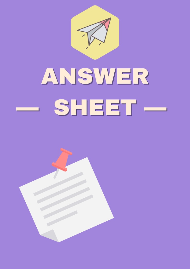 May include: A purple background with a yellow hexagon containing a white paper airplane with a pink stripe. The text "ANSWER SHEET" is in white with a yellow outline. A white sheet of paper with lines is pinned to the background with a red push pin.