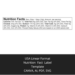 USA linear nutrition fact label template based on latest regulations delivered in Canva, AI, PDF, svg