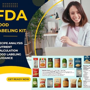 May include: A woman smiles while sitting at a computer. The screen shows a variety of canned goods and pasta with nutrition facts labels. The text on the screen reads "Nutrition Facts" and "Calories 25". The text on the left side of the screen reads "FDA Food Labeling Kit" and lists the features of the kit: "Recipe Analysis", "Nutrient Calculation", and "Food Labeling Guidance".
