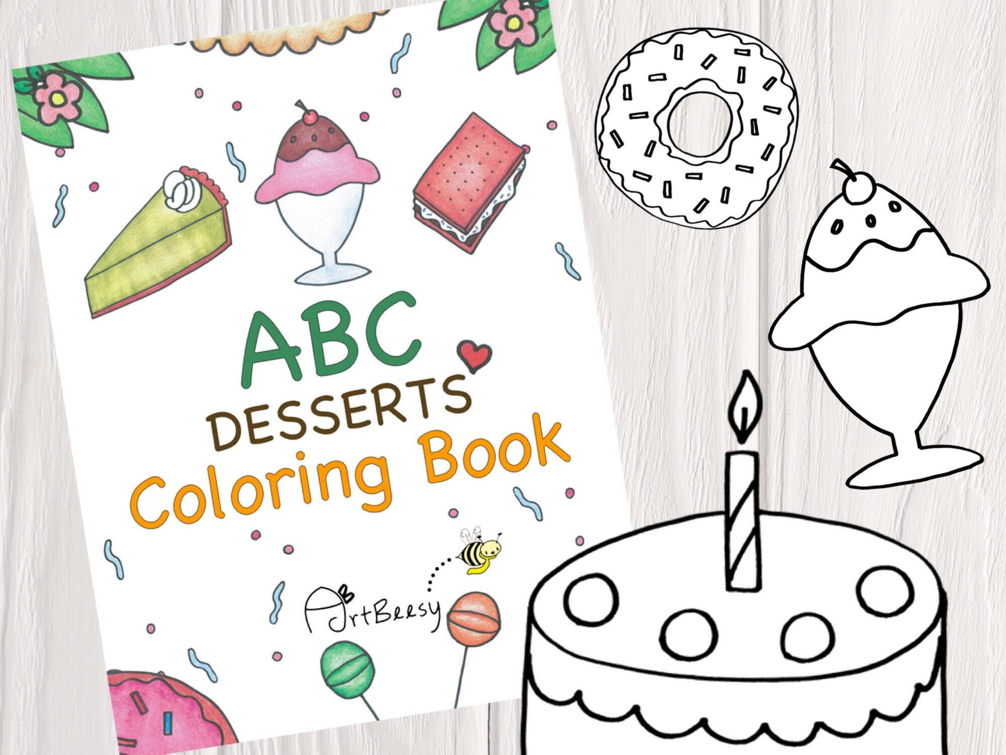 hand drawn coloring book abc desserts printable coloring etsy