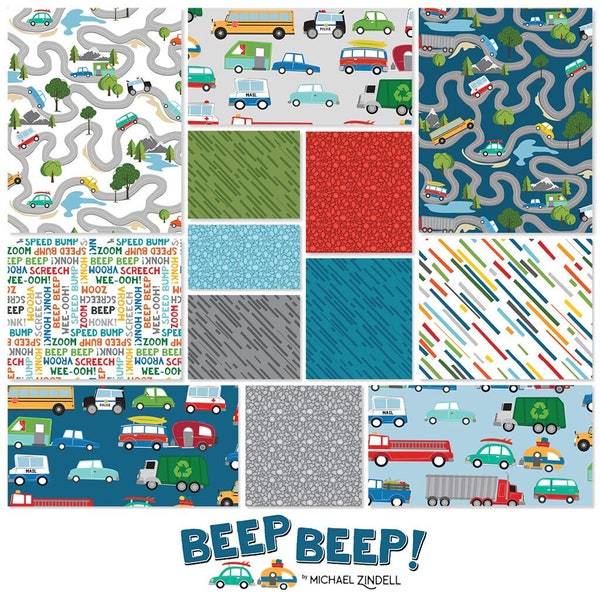 Beep Beep Cotton Fabric, Clothworks, Michael Zindell Car fabric City Truck Bus FQ Fat Quarter Eighth Half By The Yard BTY boy activity decor