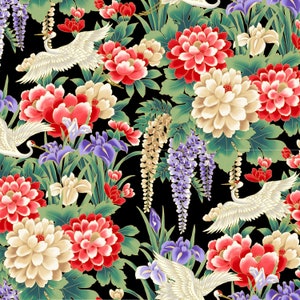May include: A black background with a floral pattern featuring white cranes, pink and white peonies, purple irises, and wisteria flowers.