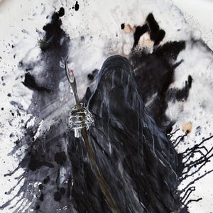 May include: An abstract painting featuring a figure in a black hooded cloak. The figure holds a staff with a red tip. The background is a mix of black and white splatters, creating a dramatic and mysterious atmosphere. The cloak appears to be made of a flowing, dark material.