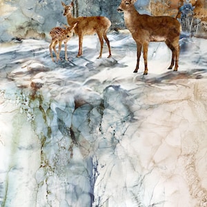 May include: Watercolor painting of a deer family in a forest setting. The image features a buck with large antlers, two does, and a fawn. The background includes trees and a snowy landscape, with a color palette of browns, blues, and whites.