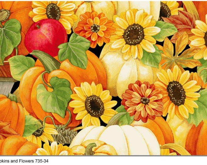 Packed Pumpkins & Flowers Cotton Fabric 735-34 Turkey Talk Henry Glass ...