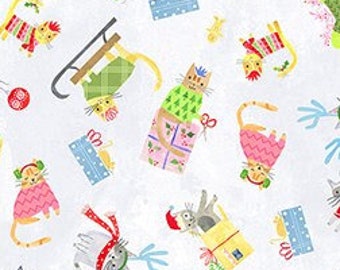 Meowy Christmas Cotton Fabric, Happy Pawlidays Jill McDonald P&B Textiles FQ BTY Fat Quarter Eighth half by the yard Holiday Cats Kitty cat