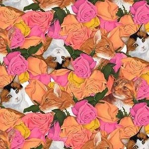 May include: A seamless pattern featuring orange and pink roses with white, orange, and black cats peeking out from behind the flowers.