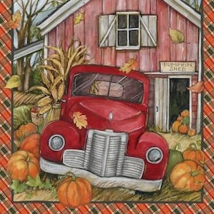 Red Truck Pumpkin Shed Panel Cotton Fabric Susan Winget 77905A620715 Fall Autumn Thanksgiving decor wall hanging quilt fabric