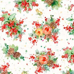 May include: White fabric with a repeating watercolor pattern of red berries, pine cones, and flowers. Green leaves and yellow butterflies are scattered throughout the design. The fabric has a festive, holiday theme.