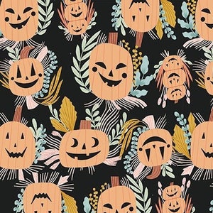 May include: A seamless pattern featuring orange jack-o'-lantern pumpkins with various facial expressions on a black background. The pumpkins are surrounded by stylized green, pink, and yellow foliage.
