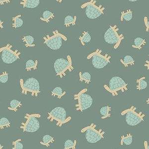 May include: A seamless pattern featuring a repeating design of light blue turtles on a sage green background.