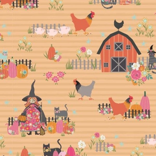 The Good Witch cotton fabric Kitty Loves Candy by Poppie Cotton Pastel Halloween Scenic farm cat pig FQ Fat Quarter Eighth BTY by the Yard