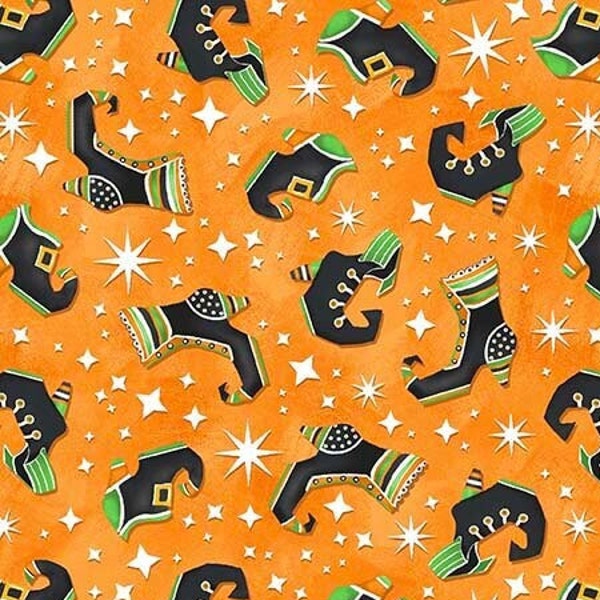 Glow Witch's Shoes Cotton Fabric Nights of Olde Salem Glow in the Dark Halloween Shelly Comiskey Henry Glass FQ BTY Fat Quarter Witchy Stars