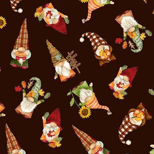 Cute Harvest Gnomes CD2128 Harvest Cotton Fabric By The Yard, FQ Fat Quarter, Fall Autumn BTY Thanksgiving table Tossed Gnomies