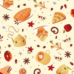 May include: A cream-colored fabric featuring a repeating pattern of autumn-themed illustrations. The design includes mugs, cinnamon rolls, apple pie, donuts, apples, and star anise. The fabric has a ruler along the bottom edge with the text "HMIN 5465 E".