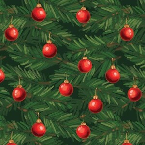May include: A seamless pattern of red Christmas ornaments hanging on green pine branches.
