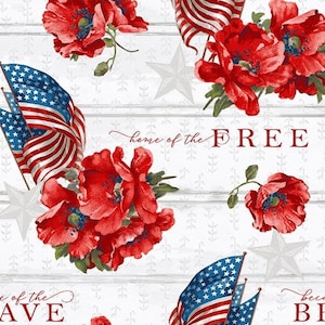 Poppy Flower & Flag Cotton Fabric, Liberty For All 647-81, J Mundo, Henry Glass, 250 Patriotic Americana July 4th BTY FQ Fat Quarter By Yard