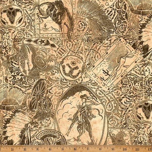 Cowboy Tooled Leather Cotton Fabric V5320-33-Cream On the Range Hoffman Western Saddle Wrangler decor FQ Fat Quarter Eighth BTY by the yard