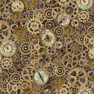 May include: A detailed steampunk-themed design featuring a complex arrangement of bronze-colored gears and clock faces. The image showcases various sizes and styles of gears, with several antique-style clocks and compasses interspersed throughout the design.